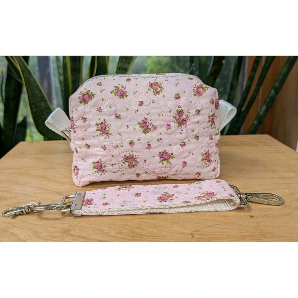 Embroidered MAKEUP Cosmetic Toiletries Pink Rose Floral + Matching Key Fob SET